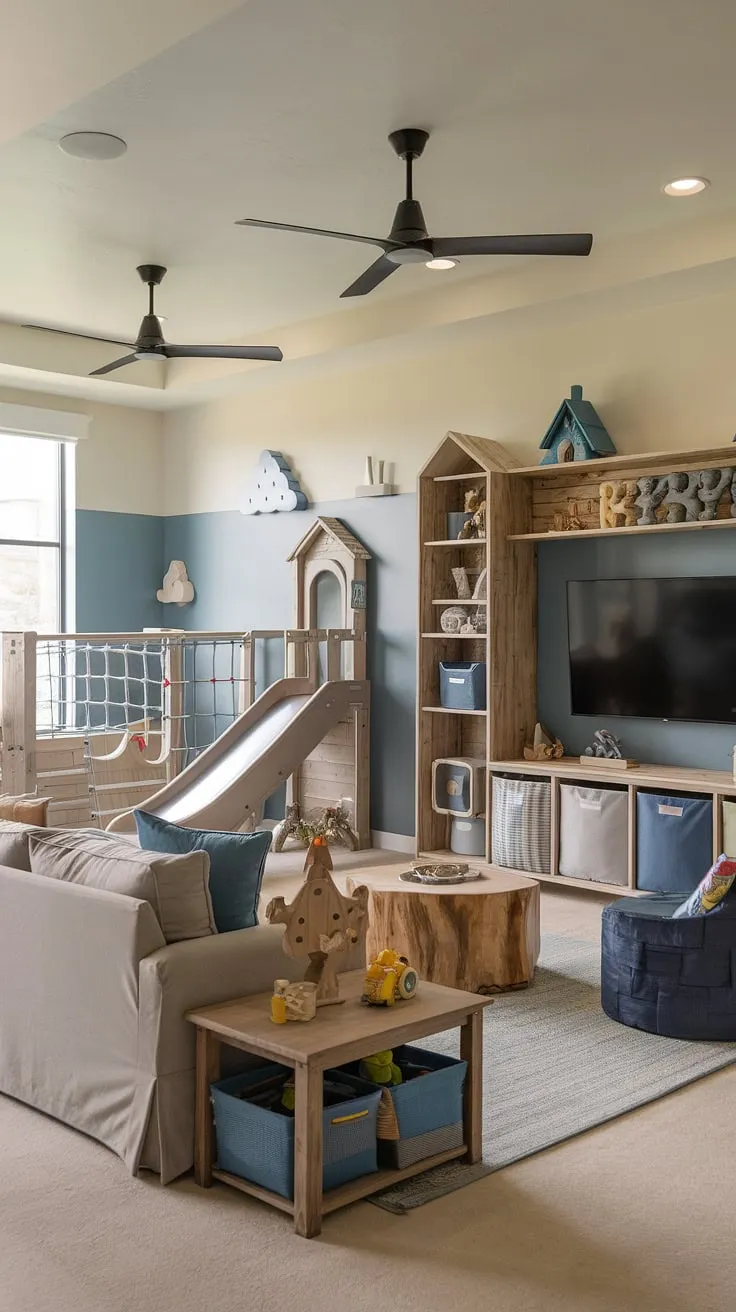 Transforming a spare bedroom into this little boys playroom?  This playroom with a TV and ample toy room with couch seating is the perfect blend of function and fun.  The basement playroom toy storage solution keeps things tidy, while the rustic wooden furniture and climbing structure create a truly unique play room kid design.  Get inspired by these rec room playroom ideas for your own dream playroom kids space – a perfect guest playroom too!