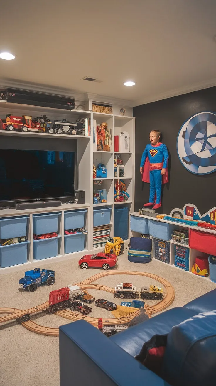 Escape to this incredible little boys playroom, a haven of fun and imagination!  This toy room with couch offers the perfect blend of comfort and play, with clever basement playroom toy storage solutions keeping things organized.  The dark walls create a dramatic backdrop for the vibrant toys and the playroom with a TV adds an extra layer of entertainment.  Perfect for guests, this guest playroom is a shining example of rec room playroom ideas and dream playroom kids design.