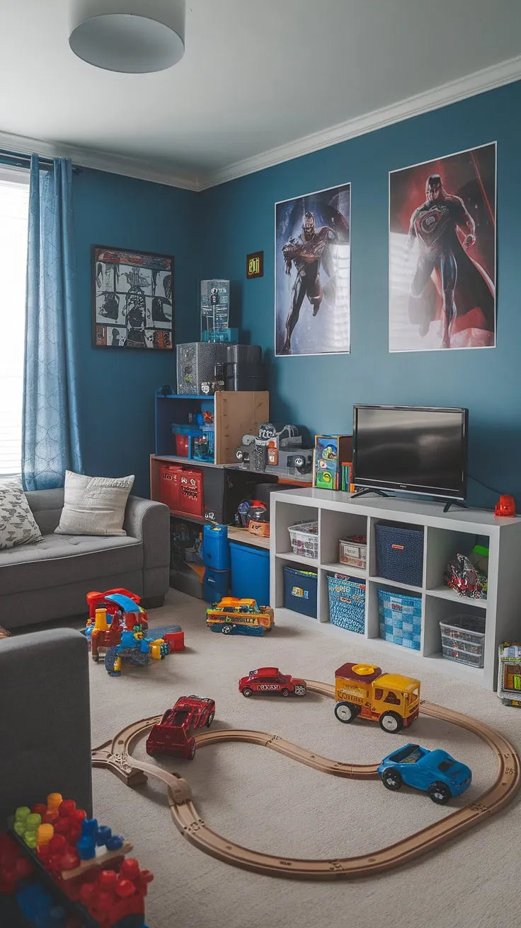This guest playroom, transformed from a spare bedroom, is a dream playroom for kids!  The playroom with a TV offers the perfect blend of relaxation and fun, showcasing clever rec room playroom ideas and basement playroom toy storage solutions.  The boy playroom decor, complete with a toy room with couch, caters to every little boy's imagination, featuring a collection of cars, a train set, and building blocks.  This little boys playroom is the ultimate play room kid design.