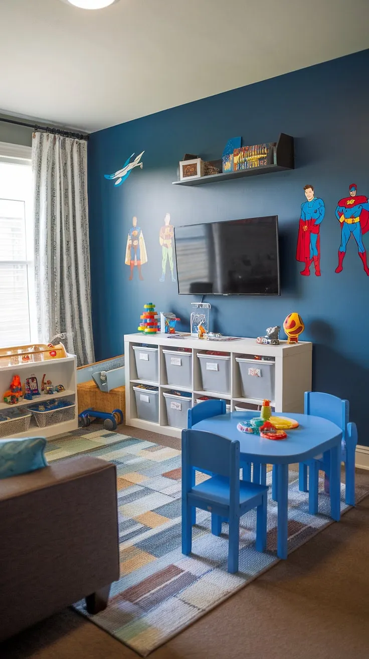 This deep blue haven transforms a spare bedroom into a dream playroom for little boys, complete with a TV, comfy couch, and clever basement playroom toy storage solutions.  Perfect rec room playroom ideas for maximizing space and creating a fun guest playroom.  The superhero decals add the finishing touch to this boy playroom decor, making it the ultimate play room kid design and toy room with couch.