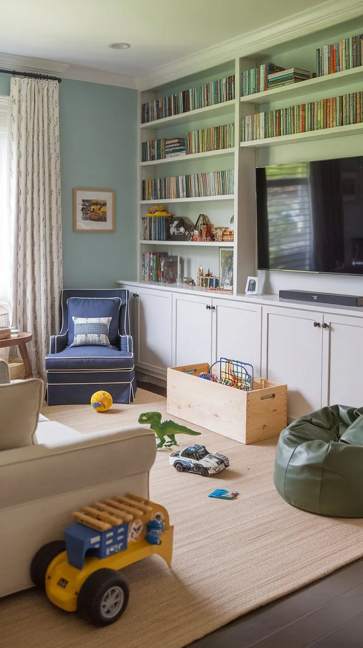 This dream playroom for kids, a perfect blend of boy playroom decor and guest playroom functionality, offers the best of both worlds.  The rec room playroom ideas come to life with a comfy couch, smart toy storage solutions (check out that basement playroom toy storage!), and a play room kid design that's both stylish and practical.  Transforming a bedroom to playroom has never looked so good!