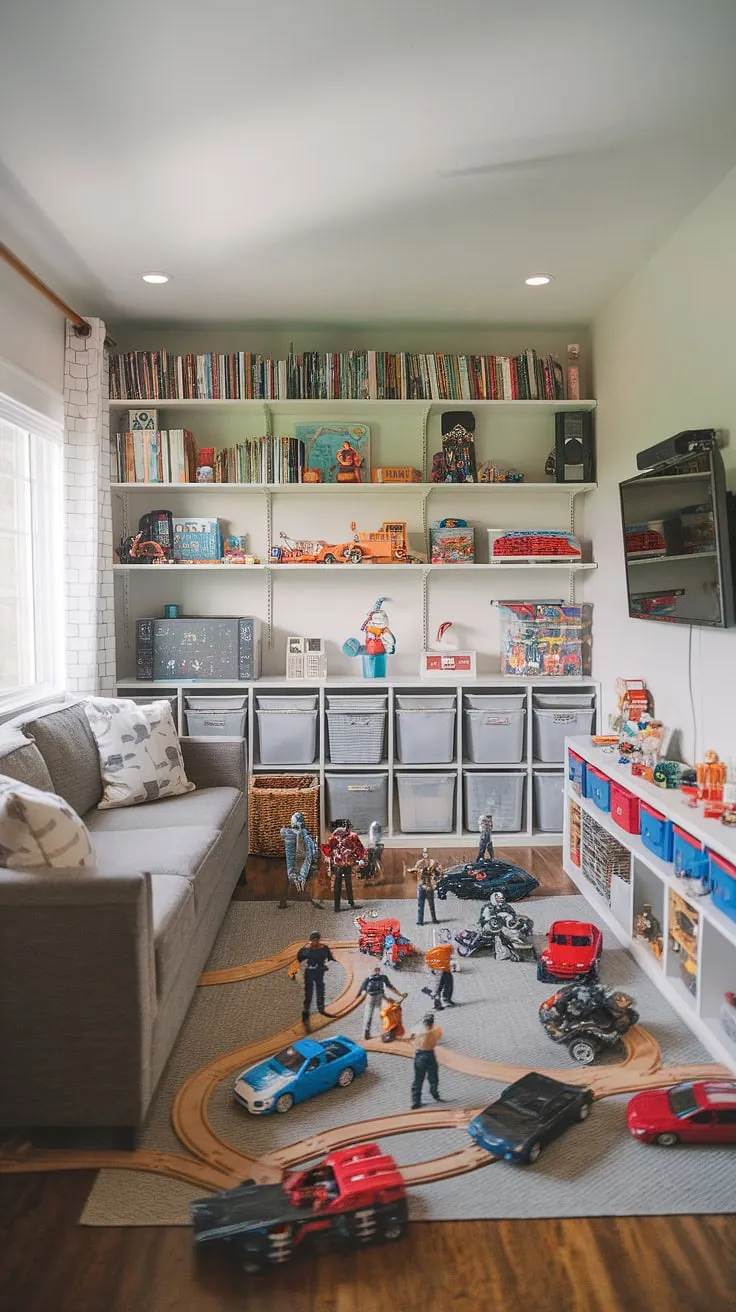 Transforming a spare bedroom into a little boys playroom? This guest playroom design is pure inspiration!  With a comfy couch, ample toy storage, and a playroom with a tv, it's the ultimate rec room playroom ideas brought to life.  From action figures and cars to a train set and a bookshelf brimming with books, this dream playroom kids will adore is the perfect blend of fun and practicality.