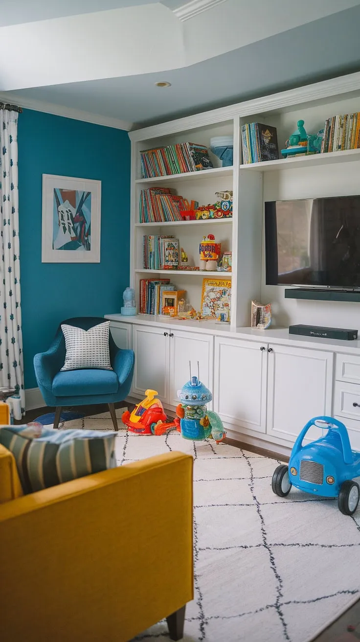 This guest playroom, transformed from a spare bedroom, is the ultimate rec room playroom idea.  Clever basement playroom toy storage in the white bookshelf keeps things tidy, while the comfy yellow couch and blue chair create a relaxing space for movie nights.  Perfect play room kid design for a little boys playroom, this dream playroom kids space boasts boy playroom decor that's both fun and functional.  A toy room with a couch, this space is a win-win!