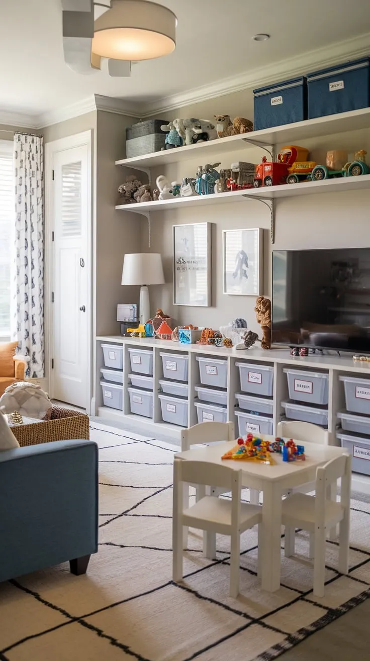 Every boy's dream: a little boys playroom brimming with adventure! This guest playroom boasts ample toy storage, a cozy couch for downtime, and a TV for movie marathons.  From rec room playroom ideas to clever basement playroom toy storage solutions, this space is a masterclass in play room kid design. Transforming a bedroom to playroom has never looked so good!  The perfect blend of boy playroom decor and functionality makes this the ultimate dream playroom kids will adore.