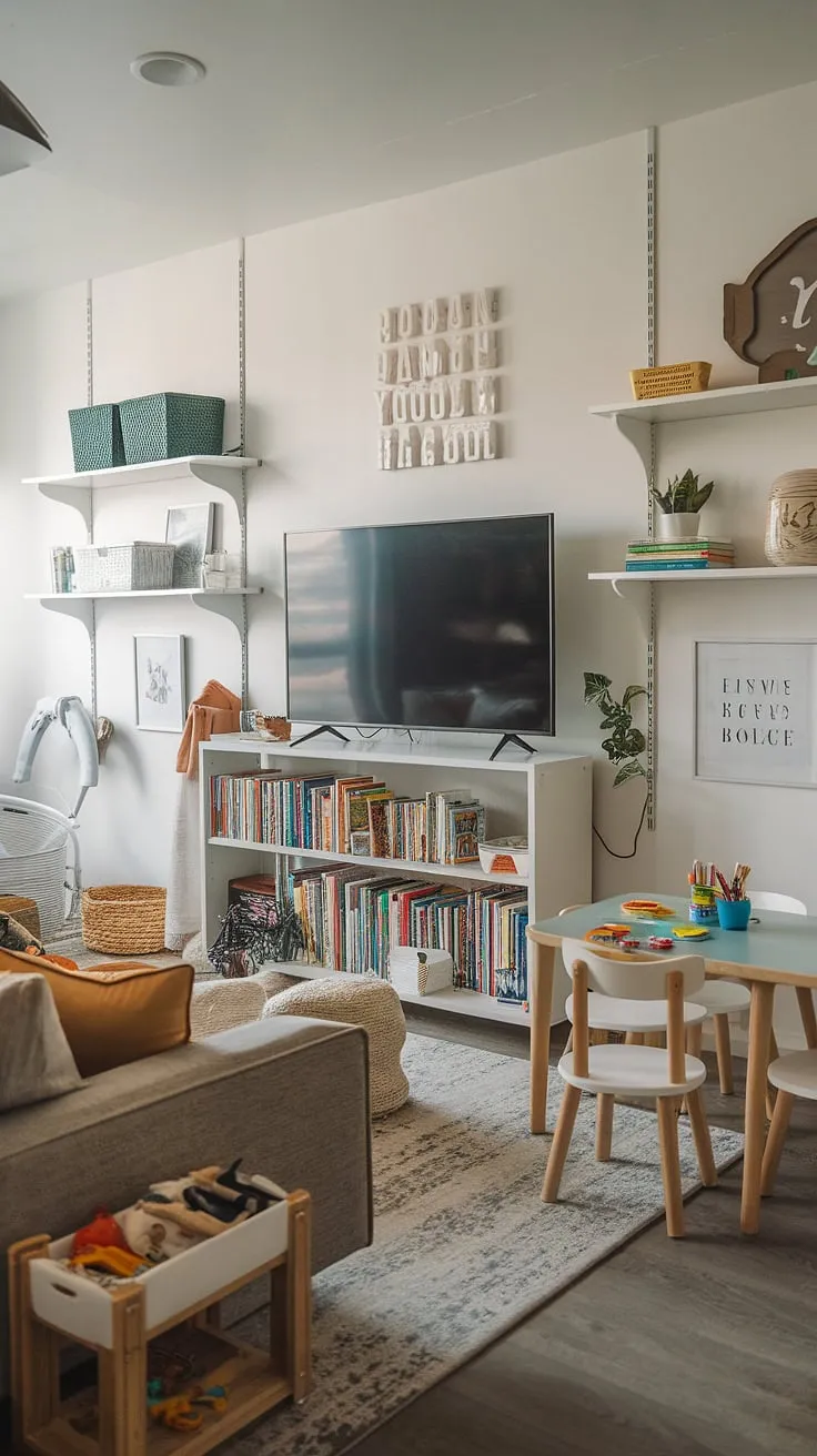 Transforming a spare bedroom into a dream playroom for little boys? This guest playroom, complete with a TV, comfy couch, and clever basement playroom toy storage solutions, offers the perfect blend of fun and functionality.  Rec room playroom ideas like this showcase how to create a play room kid design that's both stylish and practical, a true toy room with couch that even adults will love.