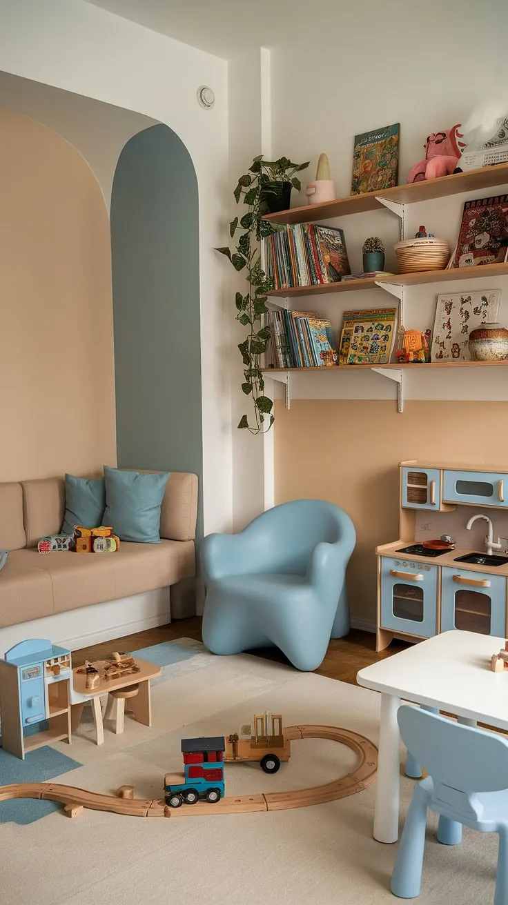 This guest playroom effortlessly blends comfort and fun, transforming a spare bedroom into a dream playroom for kids.  The toy room with couch offers a relaxing space for adults while the rec room playroom ideas, including clever basement playroom toy storage solutions and a playroom with a TV (not pictured), ensure playtime is always organized and engaging.  Perfect little boys playroom decor for imaginative adventures!  The play room kid design balances style and functionality, making it a space both kids and parents will love.