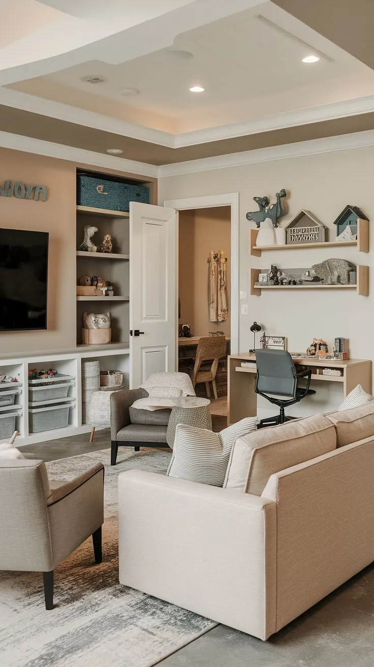 This guest playroom transforms a spare bedroom into a dream playroom for little boys, seamlessly blending relaxation and fun.  The playroom with a TV offers a perfect balance of entertainment and play, while clever basement playroom toy storage keeps things organized.  Rec room playroom ideas like this workstation and comfy couch make it a space the whole family can enjoy.  A true example of boy playroom decor and play room kid design.