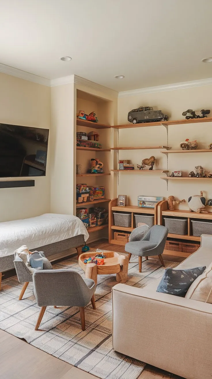 This small office ideas showcase a stunning home office design. A built-in desk perfectly fits this hallway office, maximizing space in an office and living room combo. The warm lighting and thoughtful office layout create a productive yet inviting shared office space within a small home.