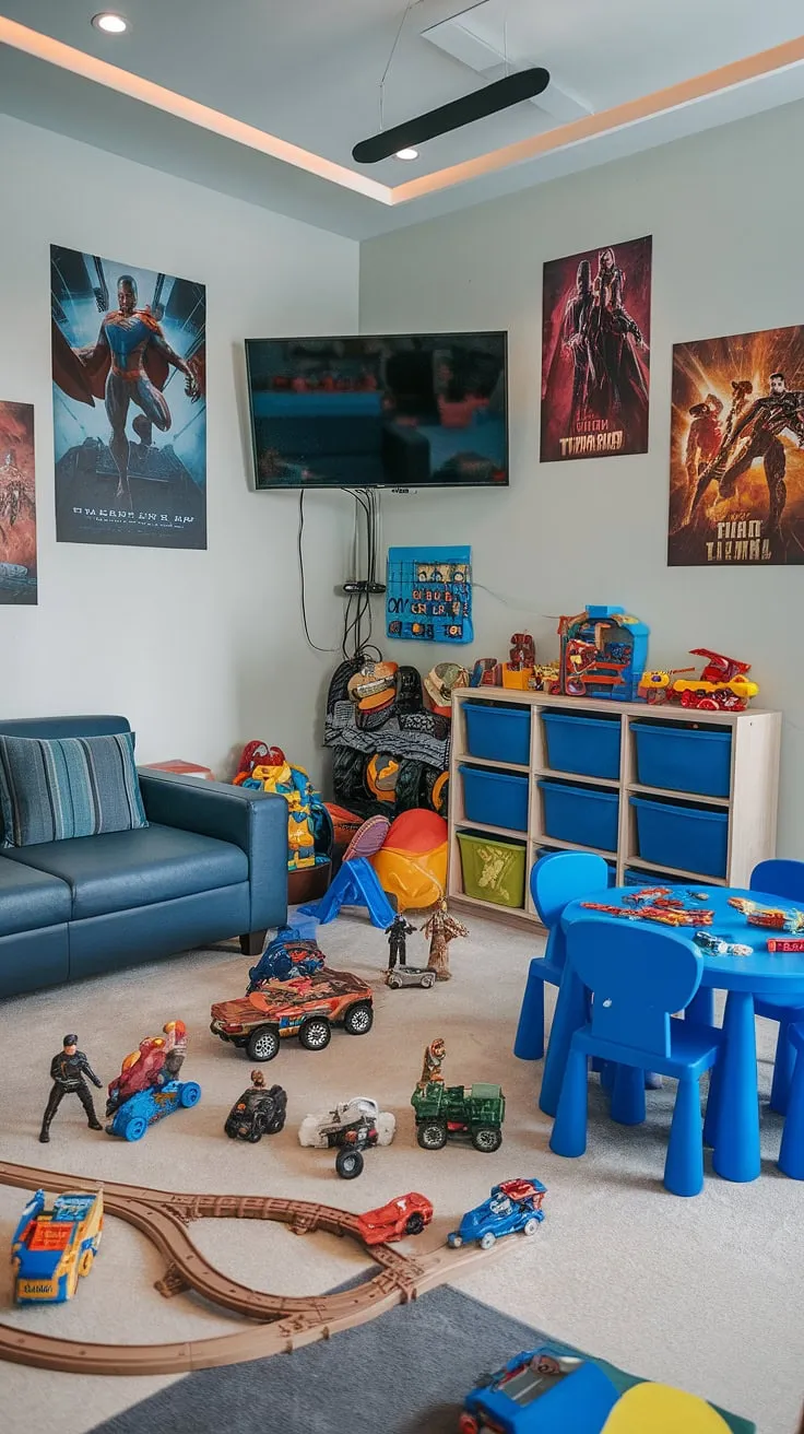 Every little boy's dream: a toy room with couch, perfect for movie marathons and playtime adventures! This little boys playroom boasts clever basement playroom toy storage solutions, making this rec room playroom ideas a winner.  Transforming a spare bedroom to playroom was easy with this play room kid design, featuring a playroom with a TV and boy playroom decor that's both stylish and practical.  The ultimate guest playroom, this space is a dream playroom kids will love.