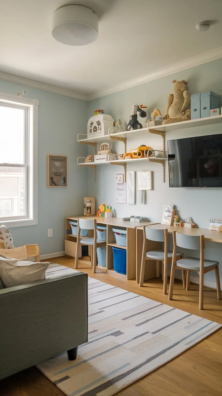 This dreamy playroom, perfect for a little boy, seamlessly blends fun and function.  From the clever basement playroom toy storage solutions to the comfy couch for movie nights, it's the ultimate rec room playroom ideas come to life.  A guest playroom transformation, this bedroom to playroom conversion boasts a dedicated play area, a desk for homework, and even a TV—making it the ultimate boy playroom decor.  The light blue walls and wooden floors create a calming space, while the toy room with couch offers a cozy spot for playtime.  This little boys playroom is a play room kid design masterpiece.