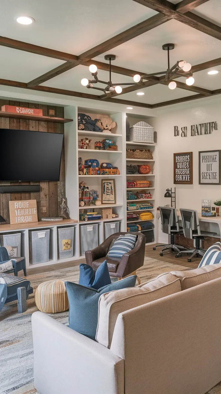 This dream playroom for little boys seamlessly blends rustic charm with practical functionality.  From the clever basement playroom toy storage solutions and comfy couch perfect for movie nights in this playroom with a TV, to the dedicated workstation, it's the ultimate rec room playroom ideas come to life.  Transforming a bedroom to playroom has never looked so good! This guest playroom is a space where imagination thrives, making it the perfect boy playroom decor for years of fun.  A true play room kid design masterpiece.
