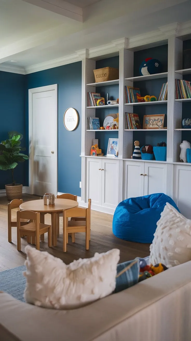 Imagine the fun in this little boys playroom!  This boy playroom decor is a masterclass in play room kid design, seamlessly blending comfort and functionality.  With smart basement playroom toy storage solutions, a cozy couch, and a playful blue bean bag, this guest playroom offers the perfect blend of relaxation and excitement.  Converted from a bedroom to playroom, this space is a testament to creative rec room playroom ideas, and a true dream playroom kids will adore.  The addition of a TV would make it even more complete.