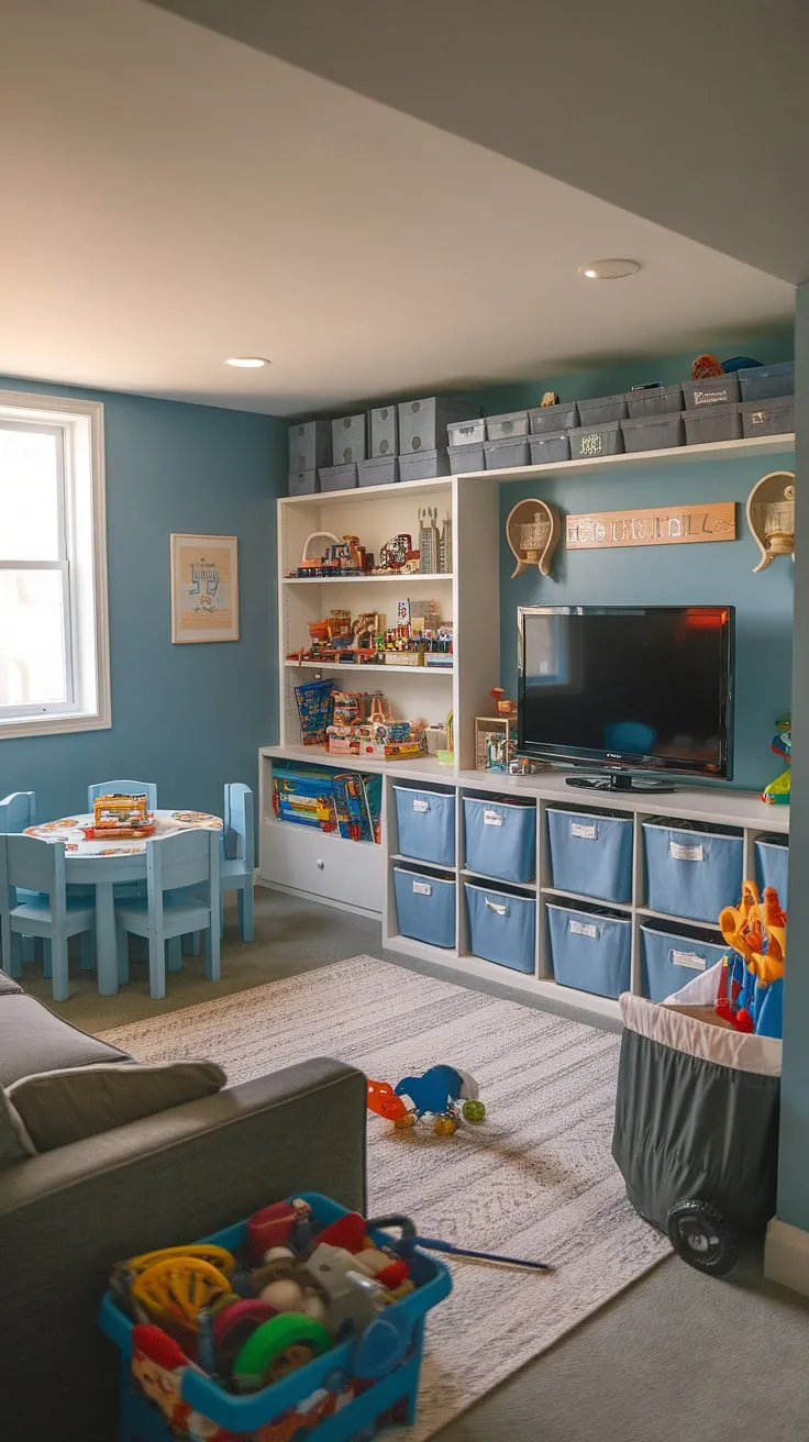 This isn't just a basement; it's a dream playroom kids will adore!  From the comfy couch and playroom with a TV perfect for movie nights, to clever basement playroom toy storage solutions and a bookshelf brimming with adventure, this little boys playroom is the ultimate rec room playroom ideas brought to life.  A perfect guest playroom too! Transforming a bedroom to playroom has never been easier or more fun.  This boy playroom decor is the epitome of play room kid design.