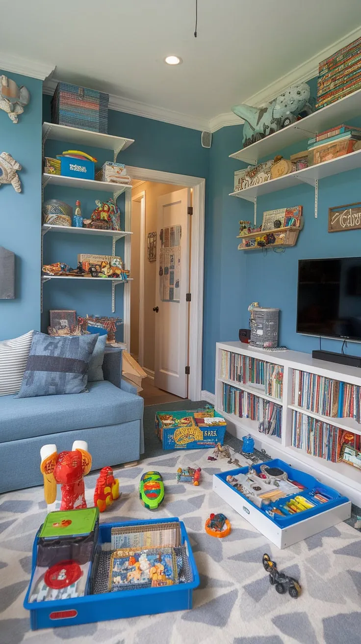 Every parent's dream: a playroom with a TV that's both stylish and functional. This little boys playroom boasts ample toy storage, a comfy couch for playtime breaks, and built-in shelves – perfect examples of rec room playroom ideas.  Consider this guest playroom the ultimate inspiration for your basement playroom toy storage and bedroom to playroom conversion.  The result? A dream playroom kids will adore, reflecting a sophisticated play room kid design.