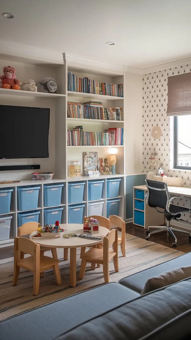 Transforming a spare bedroom into a little boys playroom? This toy room with couch showcases brilliant rec room playroom ideas.  From the thoughtful basement playroom toy storage to the comfy guest bed, every detail is considered.  A playroom with a TV, a dedicated desk, and a vibrant design make this the ultimate dream playroom kids will adore.  This guest playroom is a testament to smart play room kid design and stylish boy playroom decor.