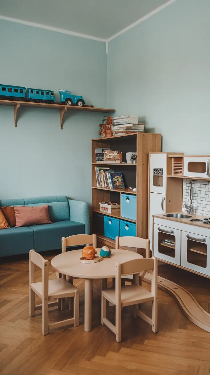 Maximize space and style with this ingenious hallway office design.  The built-in desk cleverly utilizes a narrow area, creating a functional small home office perfect for a small office ideas. This office layout seamlessly blends work and living, showcasing a smart office and living room combo solution for shared office space in a small home.