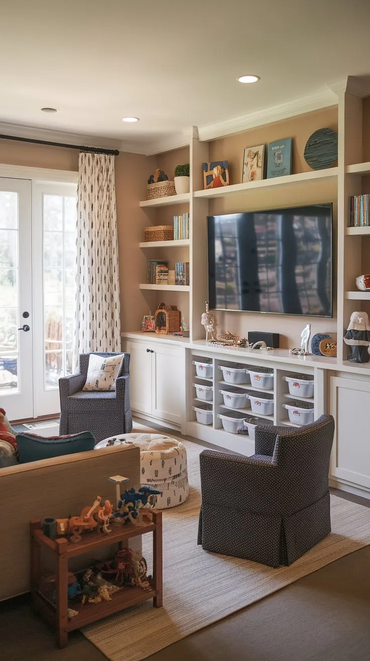 Escape to this inviting little boys playroom, a haven of fun and imagination.  This guest playroom boasts clever basement playroom toy storage solutions, a large screen TV, and a cozy couch, making it the perfect playroom with a TV.  From rec room playroom ideas to dream playroom kids, this space is a masterclass in boy playroom decor and play room kid design.  Transforming a bedroom to playroom couldn't be easier with this inspiring toy room with couch.
