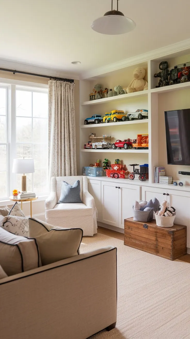 Rec room playroom ideas don't get much better than this!  This dream playroom kids space boasts a playroom with a TV, ample basement playroom toy storage, and a cozy couch perfect for playtime or movie nights.  The transformation from bedroom to playroom is seamless, creating a stylish and functional little boys playroom.  This boy playroom decor is the perfect blend of comfort and fun, making it the ultimate toy room with couch.