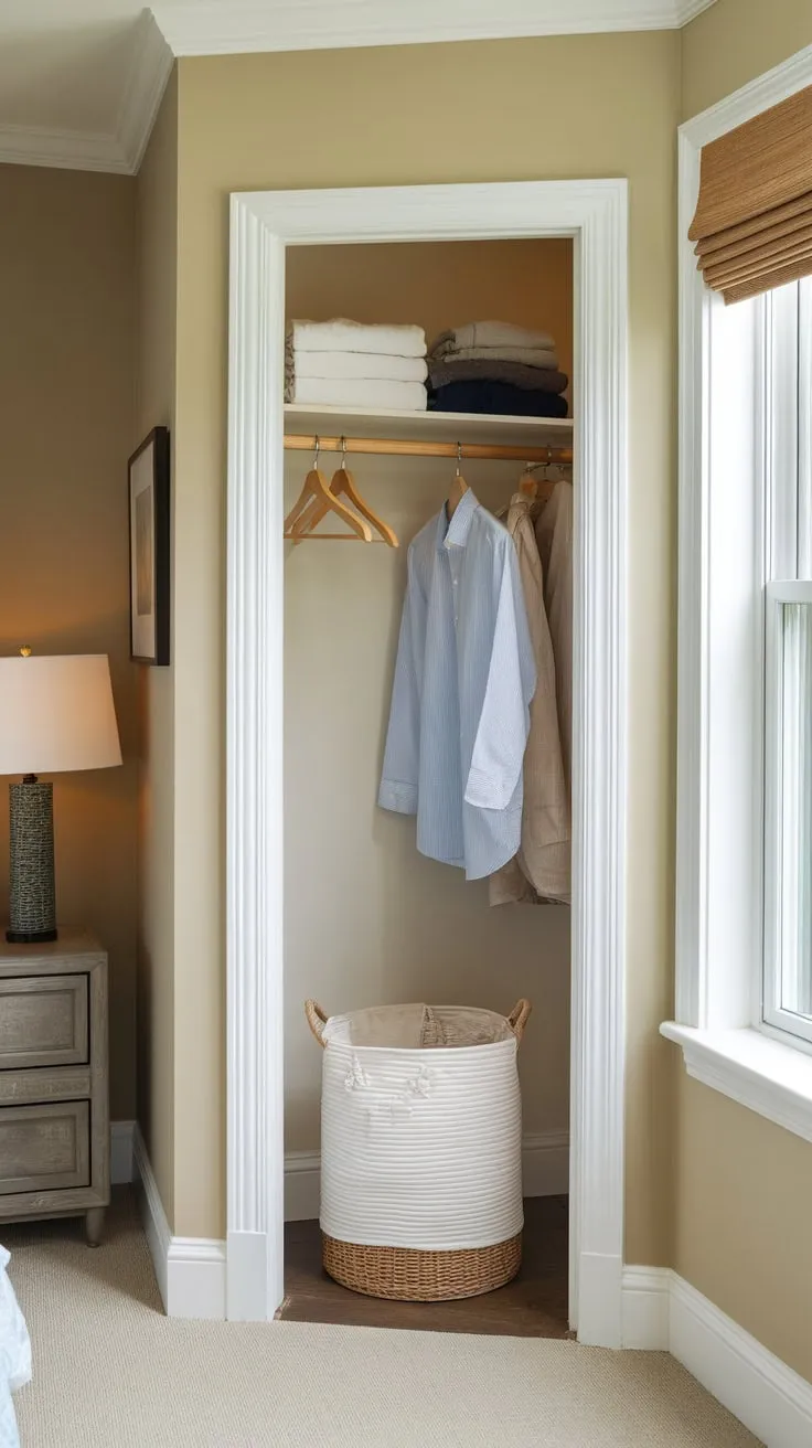 A beige-walled guest room's cramped closet, featuring rods, a shelf, and a laundry basket, sits beside a window.