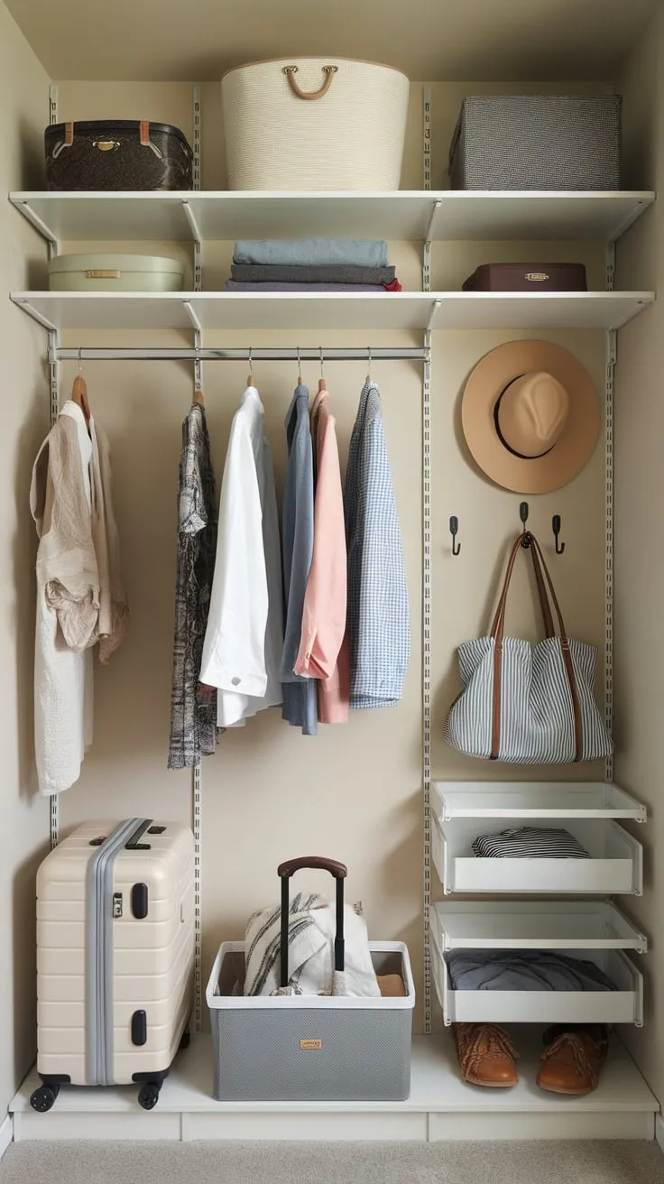 A small apartment's guest room closet maximizes space with a hanging rod, shelves, and wall hooks neatly storing a suitcase, bag, and hat