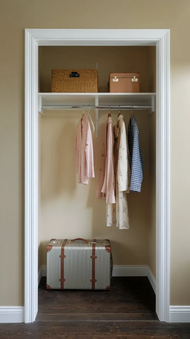 A small apartment's beige-walled guest room closet, featuring a simple rod, shelf, and a few hangers, is cramped by a suitcase on its dark wood floor