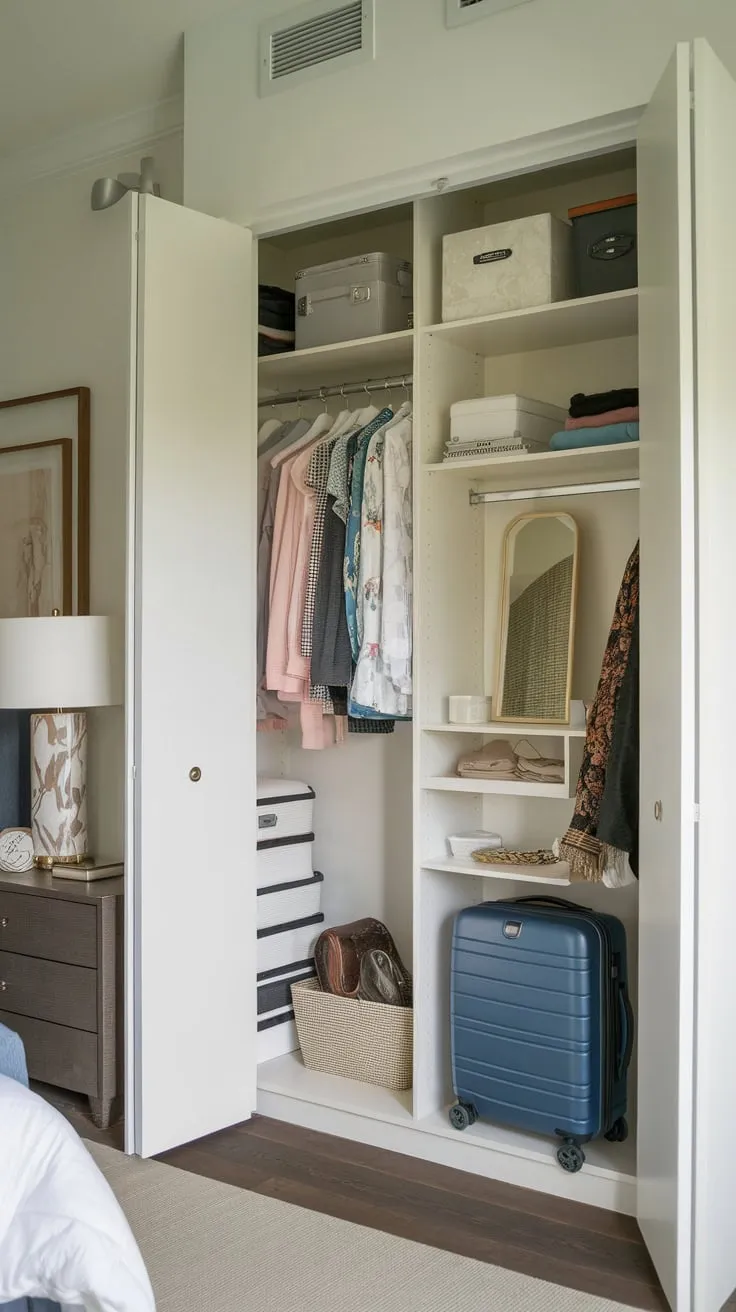 A small apartment's well-organized built-in guest room closet, complete with shelves and rod, efficiently maximizes space despite limited square footage