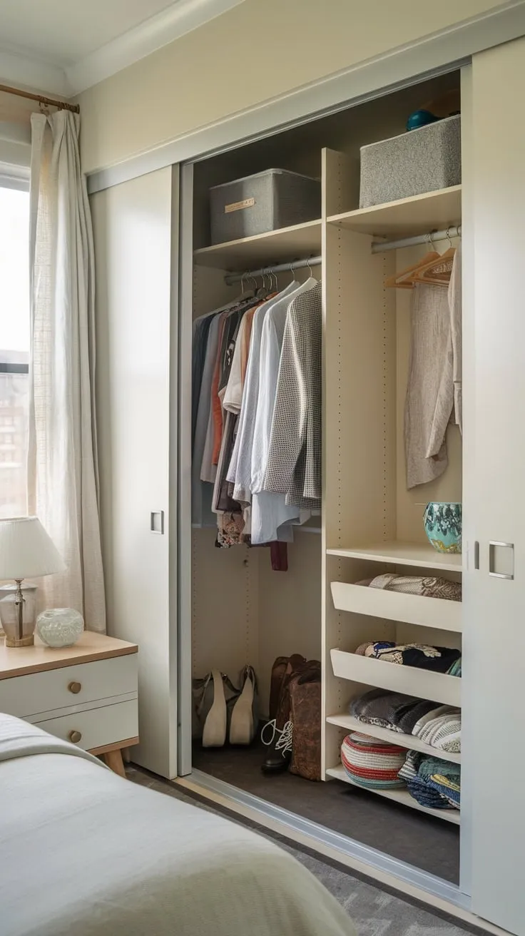 Maximize small-apartment guest room space with a cleverly divided closet offering hanging and storage solutions