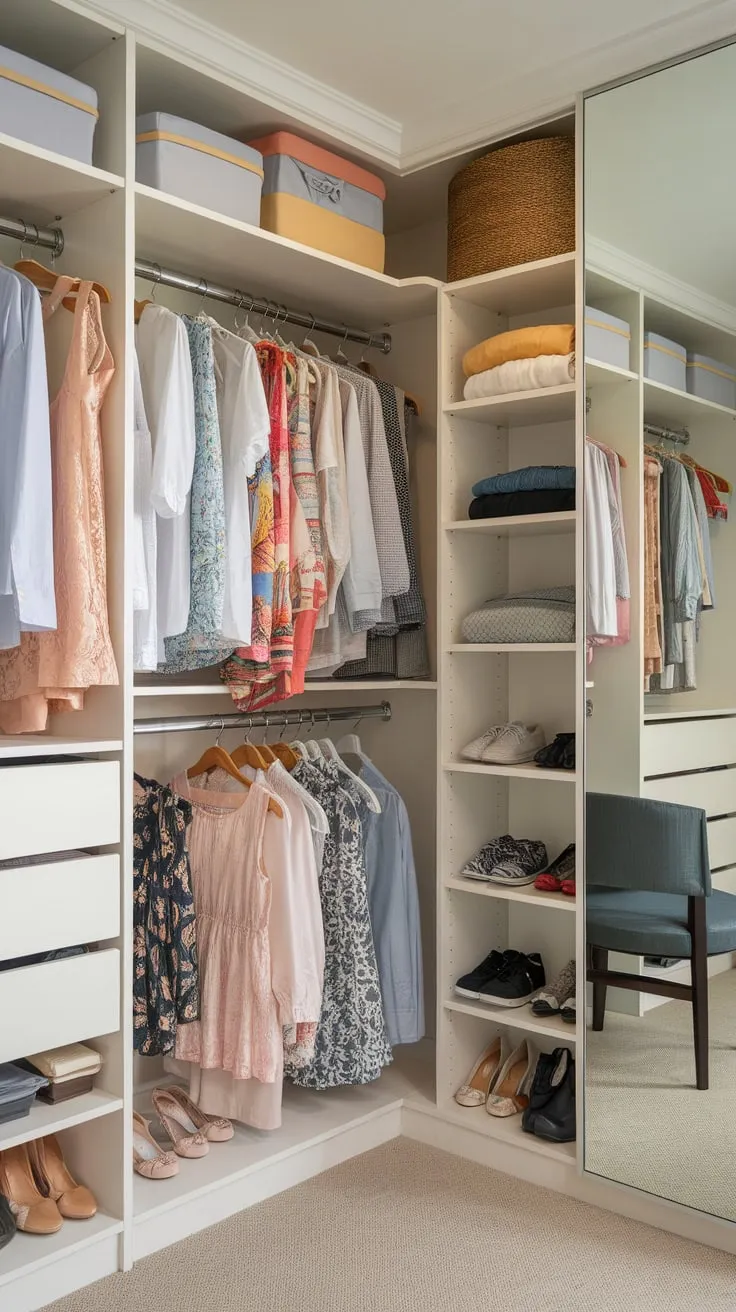 A well-organized guest room closet featuring hanging rods, shelves, a mirror, and ample space for clothing and accessories ensures a comfortable and stylish stay.