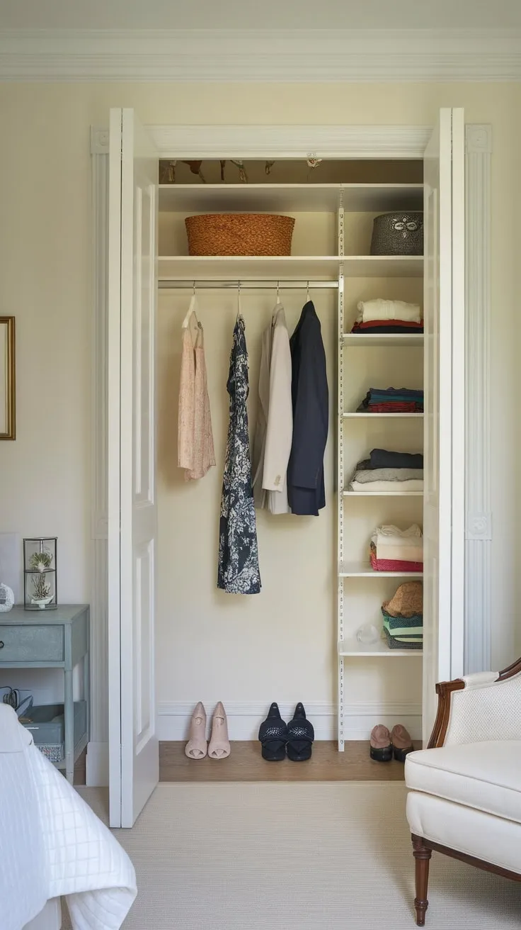 Maximize space in a small apartment with a bright, functional guest room closet offering hanging and shelving for clothes and shoes.