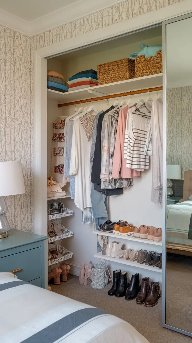 A small apartment's walk-in guest room closet maximizes space with hanging rods, shelves, and a mirror, offering convenient storage for guests.