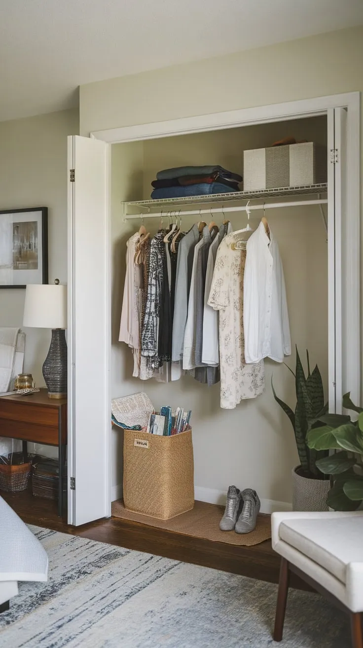 A small apartment's guest room boasts a cozy closet with minimal storage, complemented by a calming atmosphere of light walls and a nearby plant