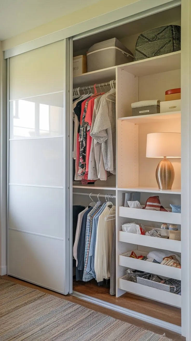 A small apartment's guest room boasts a cleverly organized closet with hanging rods, shelves, and a lamp, maximizing space within its sliding doors.
