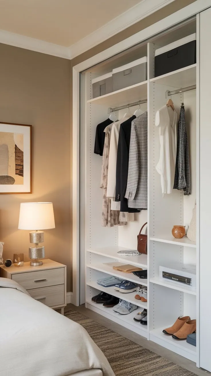 A small apartment's beige-walled guest room boasts a white wardrobe closet, minimally furnished with clothes, shoes, and shelves, offering compact yet functional storage.