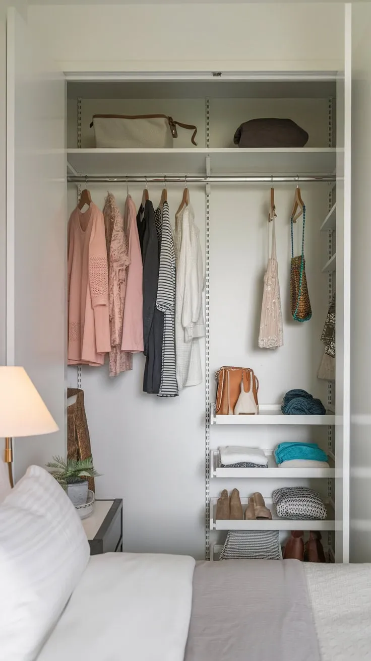 A compact yet organized guest room closet maximizes space in a small apartment.