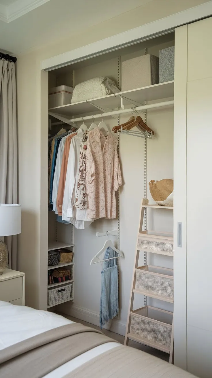 A small apartment's guest room boasts a cleverly organized closet with hanging rods, shelves, and a ladder, maximizing space within its sliding door.