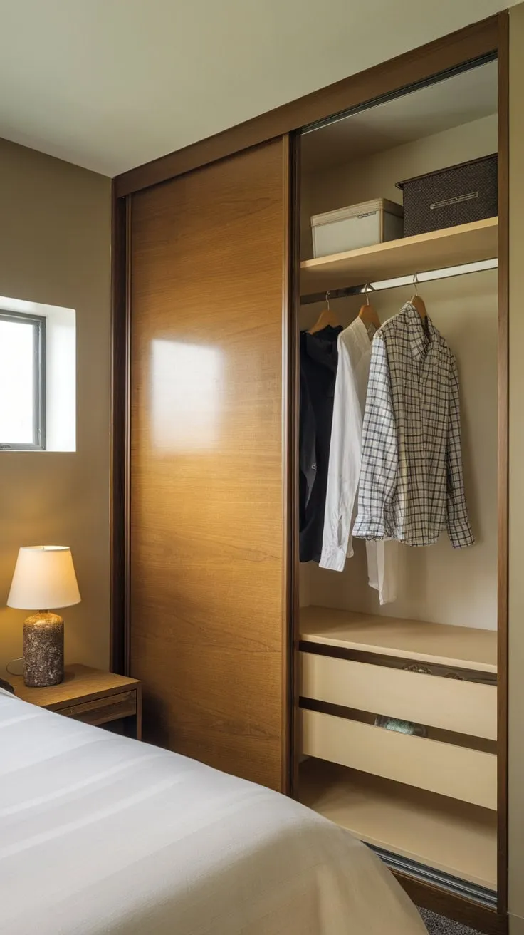 A small apartment's guest room boasts a functional wooden-paneled closet with sliding doors, offering hanging and shelf storage despite limited space