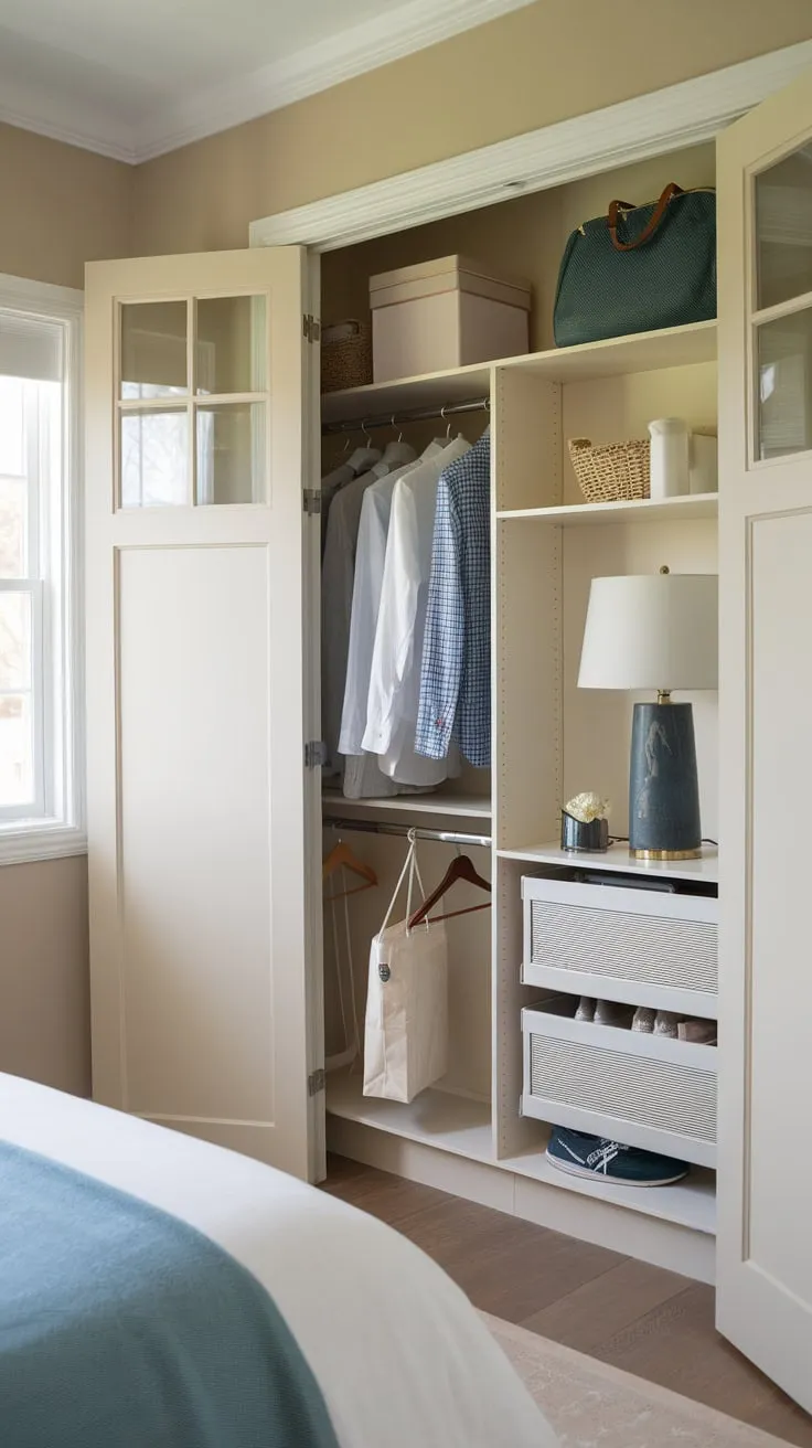 A well-organized guest room closet with hanging rods, shelves, and a few personal items offers convenient storage in a calming beige bedroom.