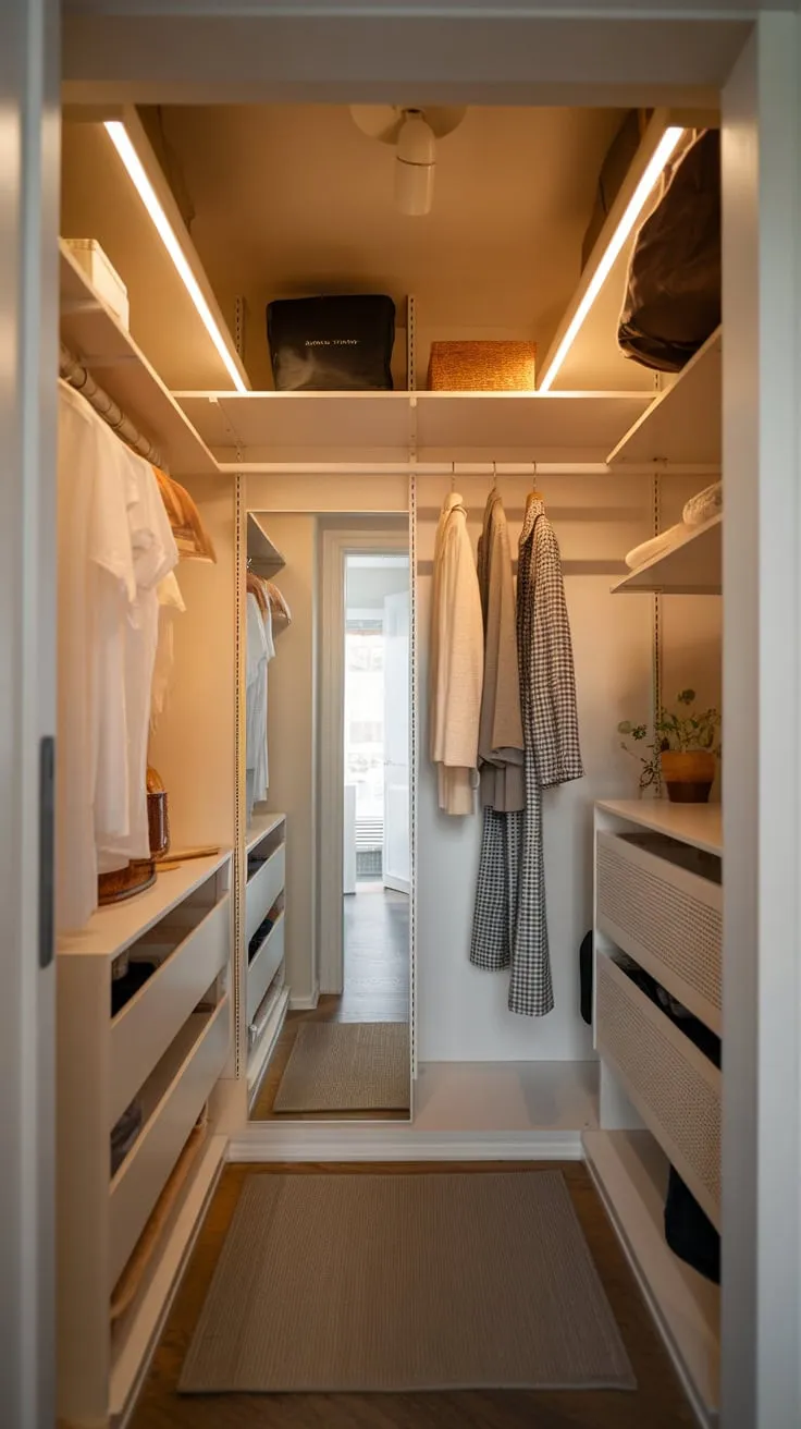 A small apartment's cozy guest room closet boasts ample shelving, hanging rods, a mirror, and warm lighting, creating a functional and inviting dressing area.