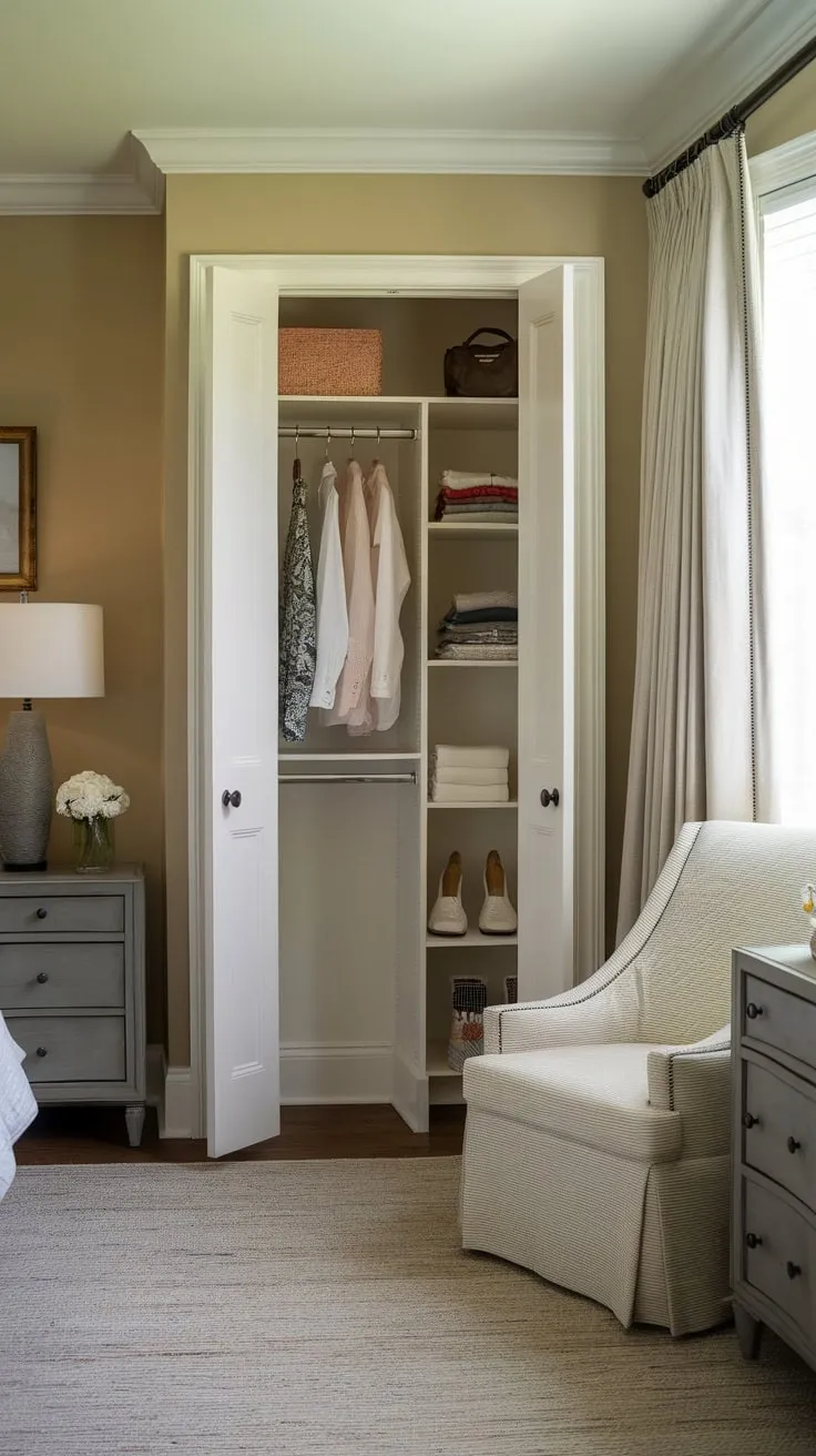 A snug guest room closet, though small, provides essential storage within a comfortably furnished bedroom.