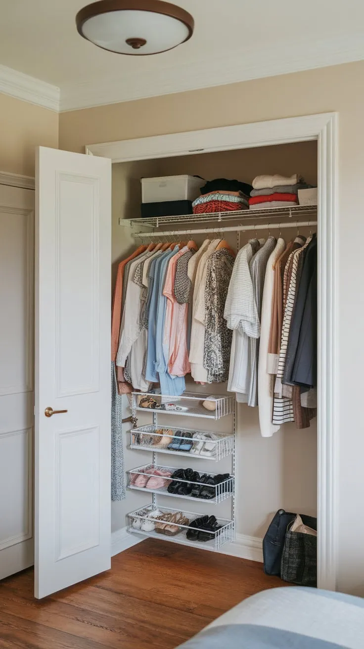 A well-organized guest room closet, conveniently located near the entrance, offers ample storage for clothes, shoes, and accessories.