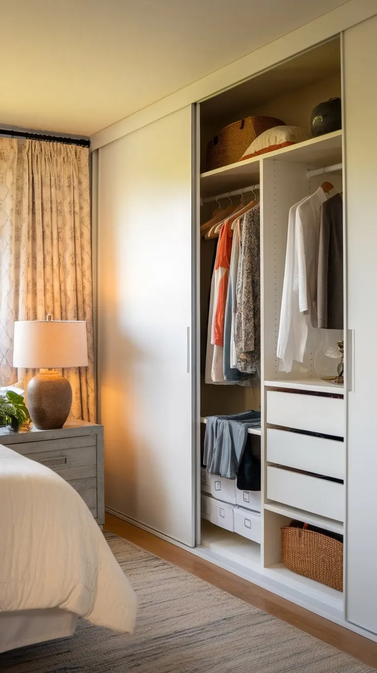 A warm, inviting guest room features a white sliding-door wardrobe closet stocked with hangers and shelves for guest convenience