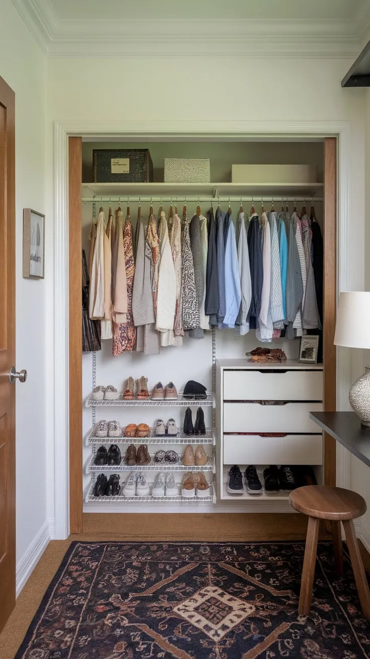 Maximize space in a tiny apartment with a well-organized guest room closet featuring ample storage and a welcoming aesthetic.