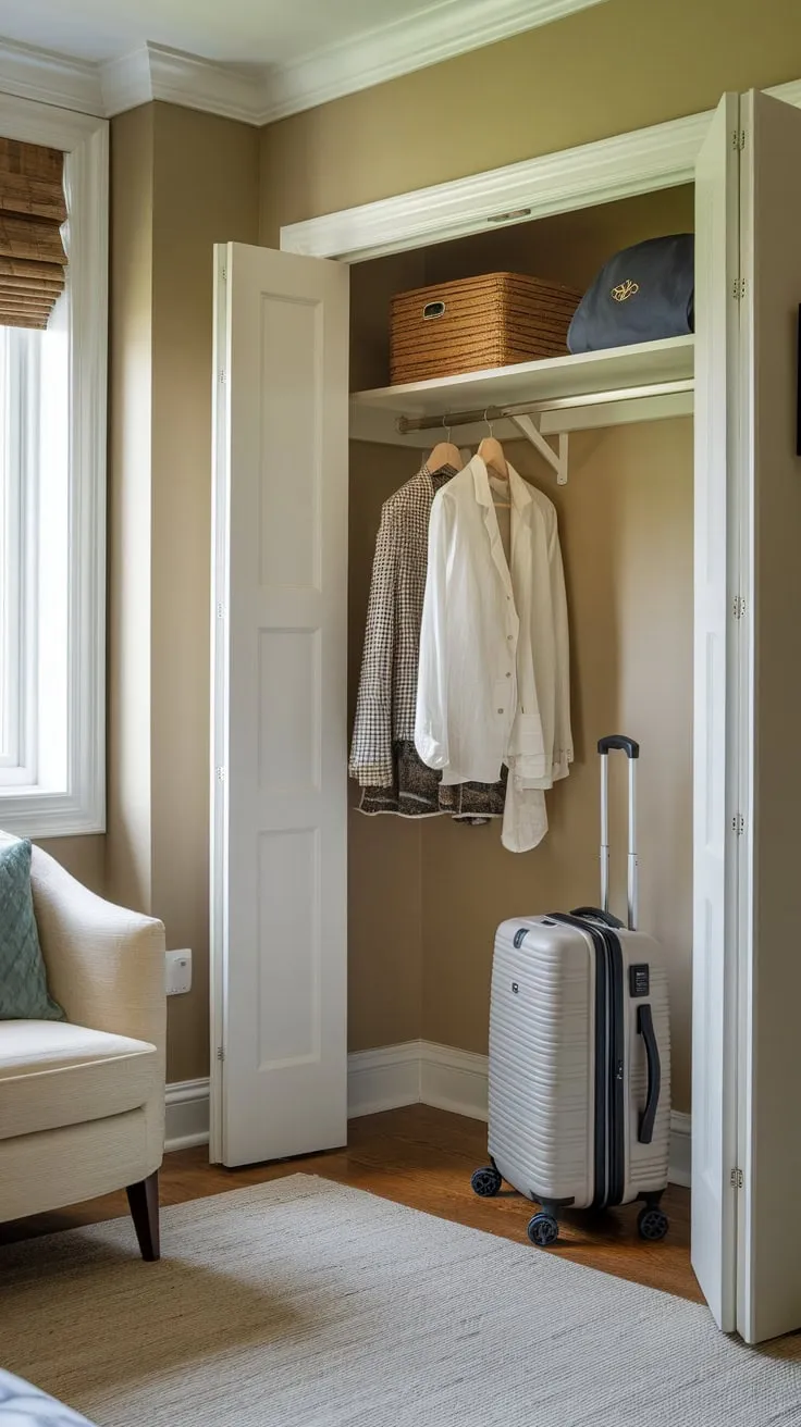 A small guest room closet with a few hangers and a shelf awaits visitors, complemented by a rug, chair, and luggage.
