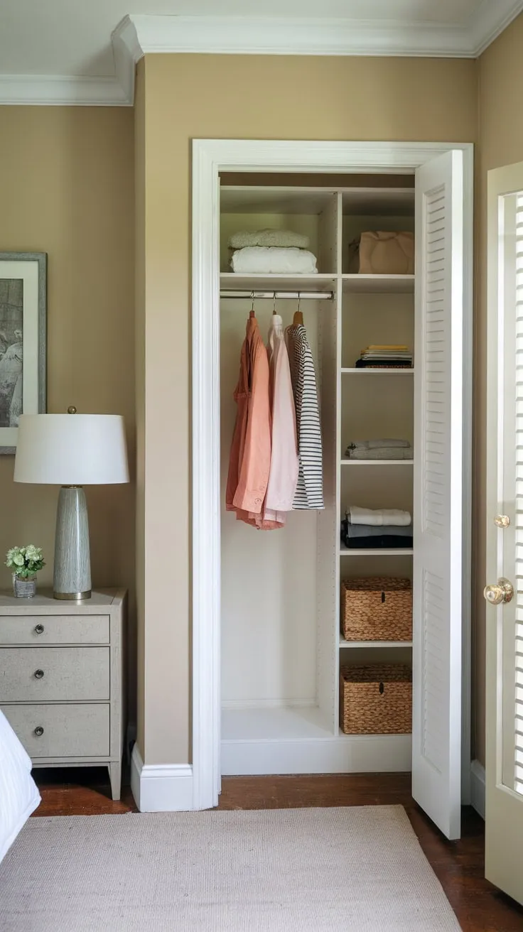 A small guest room closet near the door offers limited hanging and shelf space for guests' belongings