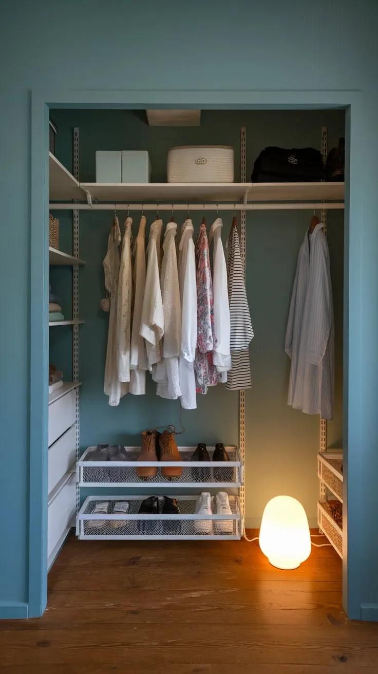 A stylish guest room closet in a small apartment cleverly combines hanging and shelving storage within a blue-walled space, illuminated by a floor lamp.