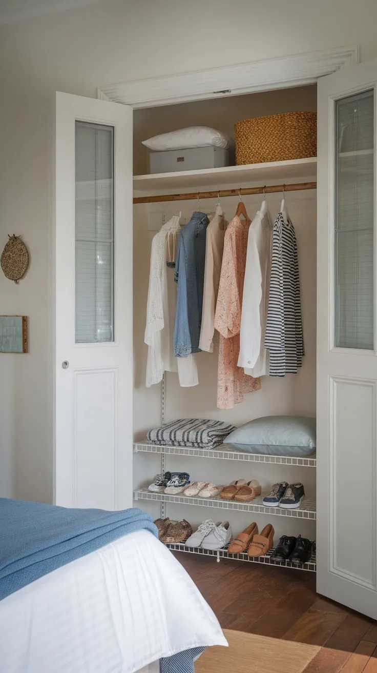 A charming guest room features a compact closet with a window, providing a thoughtful space for guests to unpack and settle in.