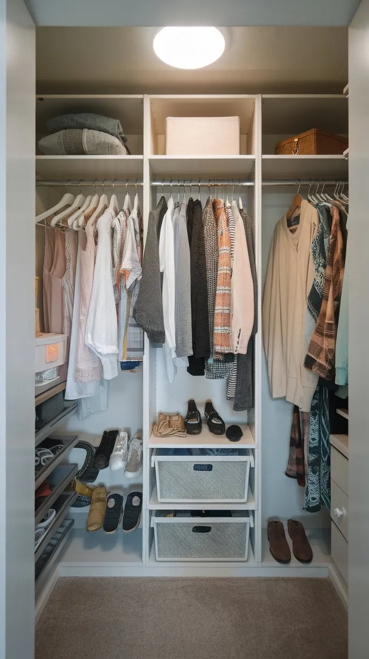 This small apartment's guest room boasts a brilliantly lit closet designed as a functional dressing area, complete with clothing racks and accessory shelves.