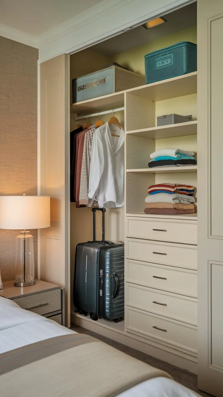 Limited space in a small apartment's guest room is maximized by a functional closet offering hanging, shelving, and drawer storage, though currently partially occupied.