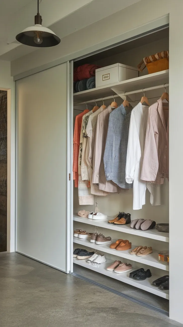 A small apartment's walk-in guest room closet offers efficient storage with a hanging rod, shelves, and a bright white interior