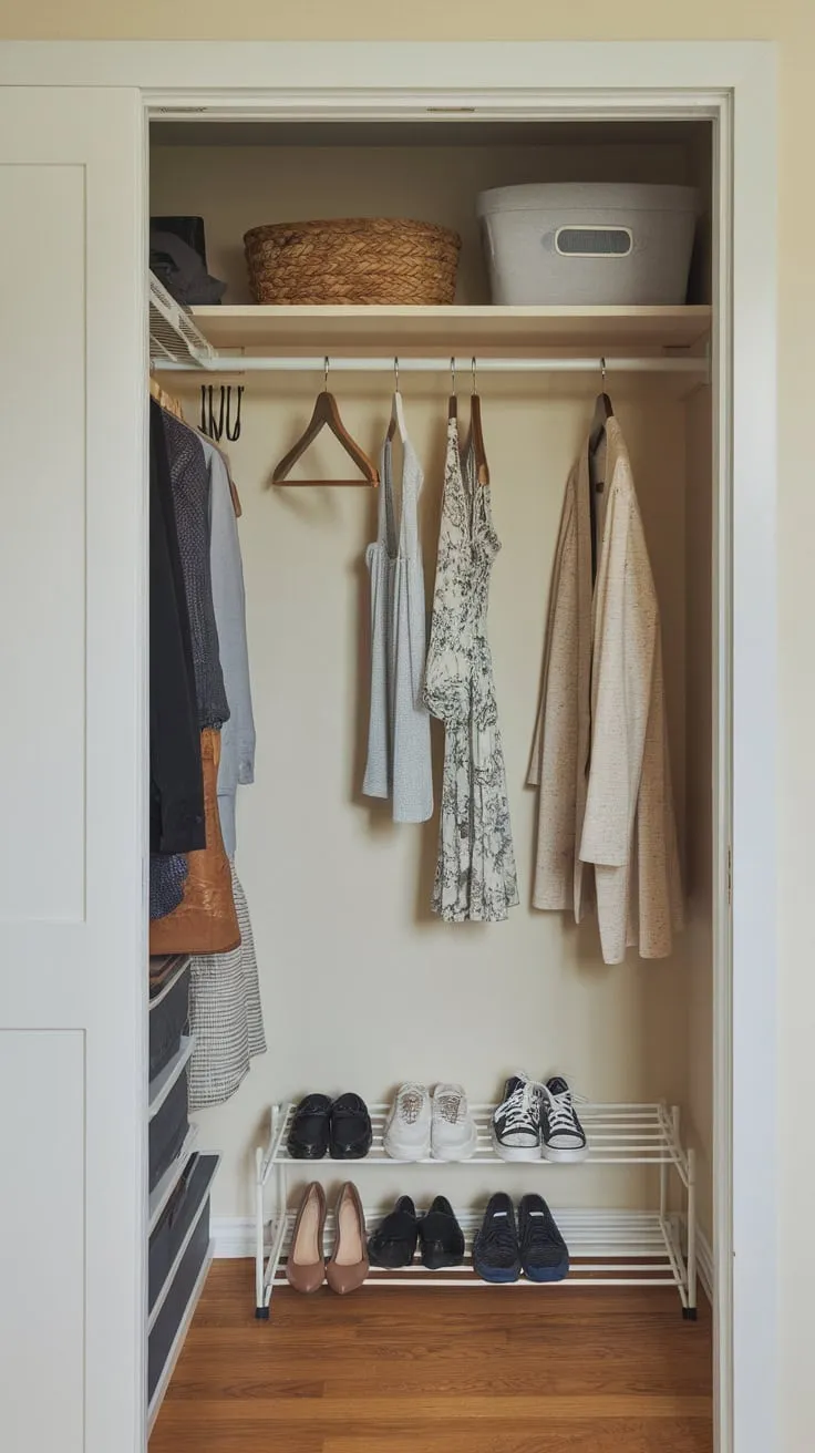 A small, poorly organized guest room closet near the entryway needs better space management despite having basic shelving and hanging options.